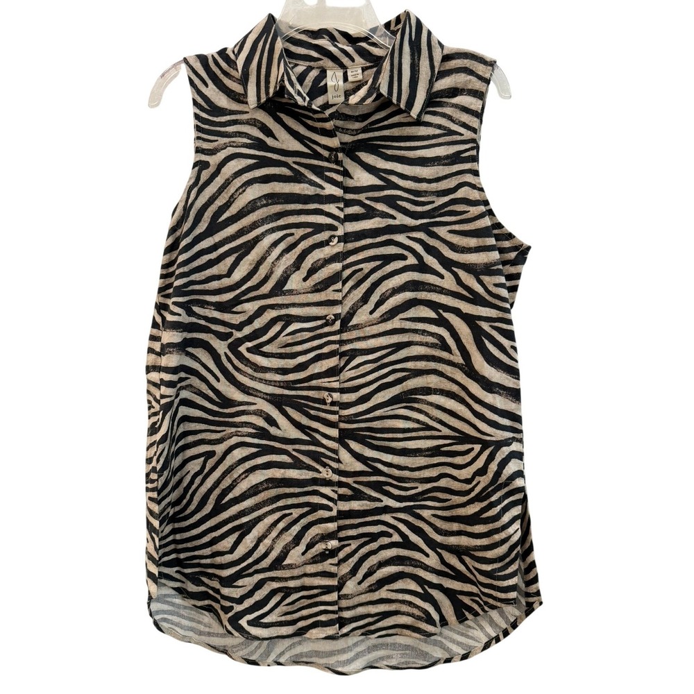 Joie Womens Zebra Print Sleeveless Button Down Linen Blend Shirt Tan Black M